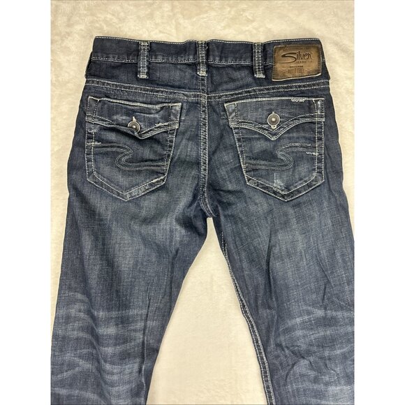 Silver Jeans Men’s Size 33 Dark Blue ZAC Selvedge Thick Stitch Faux Flap *STAIN* - Picture 10 of 16